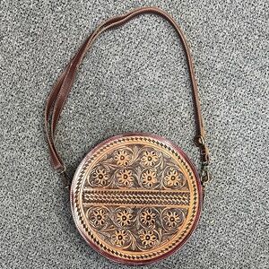 Tooled Leather Round crossbody western floral canteen purse